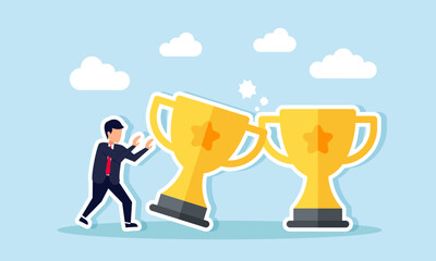 A businessman pushing a row of trophies until they fall and hit other trophies, illustration of poor business decisions leading to damaged or ruined business reputation