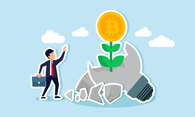 A businessman feels pleased with bitcoin plants growing from a broken lamp, illustration of results from bitcoin investment strategies based on old, unused ideas and innovations