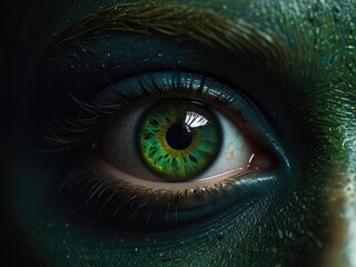 Obraz premium Fierce scary red eyes on a dark textured face. Demonic eyes. Concept of Halloween, horror, evil spirits, supernatural beings, demon