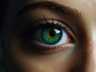 Fototapeta premium Fierce scary red eyes on a dark textured face. Demonic eyes. Concept of Halloween, horror, evil spirits, supernatural beings, demon