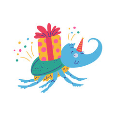 Cute Rhinoceros beetle with gift box, vector festive smiling horned beetle insect with presents for holiday celebration
