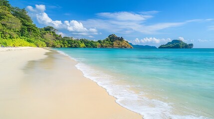 Obraz premium Sandy tropical beach with a serene island in the background under clear blue skies