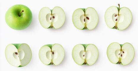 Green apple sliced in half with seeds visible on a white background.