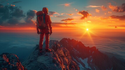 Obraz premium A lone hiker stands on a mountain peak, silhouetted against a vibrant sunset with layers of clouds below. AI generative.