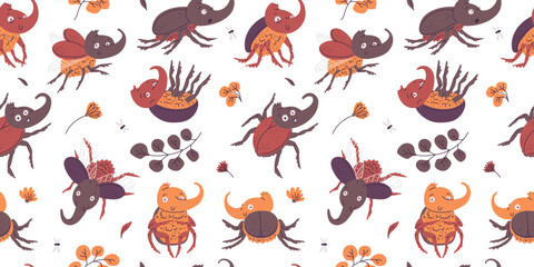 Obraz premium Seamless pattern with cute Rhinoceros beetles on floral background, vector horned scarabs different poses and emotions