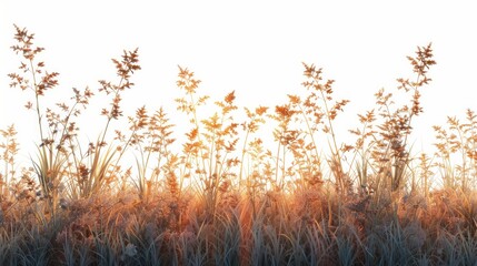 Fototapeta premium A field of tall grass with a golden glow, backlit by the setting sun. AI generative.