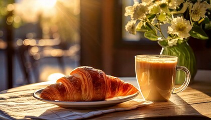 Obraz premium A flaky croissant paired with a cappuccino, representing classic French cuisine.