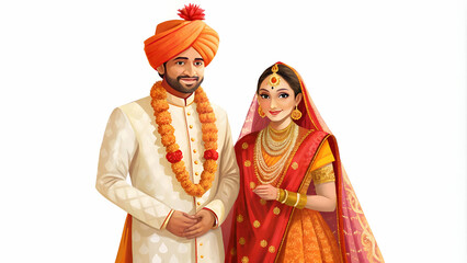 Faceless Indian wedding couple in traditional attire, standing together on a white background, perfect for wedding invitations, cultural themes, and celebration visuals