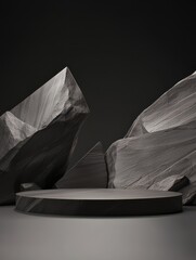Modern abstract stone display setup over a dark background, ideal for showcasing products or artwork.