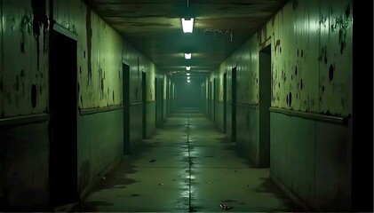 寂れた廃墟内の長廊下、ホラー、不気味