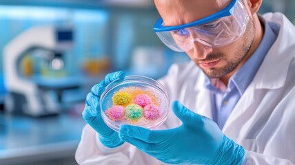 Scientist analyzing colorful samples in a laboratory using a petri dish for research.