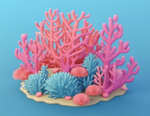 3D whimsical underwater scene with pink and blue coral reefs