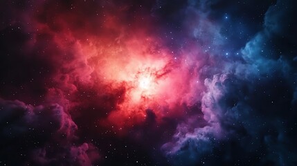 A vibrant cosmic nebula with swirling clouds of red, purple, and blue gas set against the dark backdrop of space.