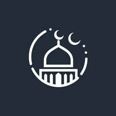 Obraz premium Simple Line Art Mosque Icon with Crescent Moons. A minimalist white line art graphic of a mosque against a dark blue background