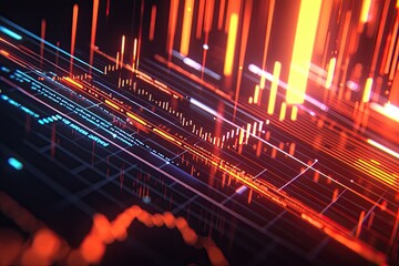 Fototapeta premium Abstract digital data visualization with vibrant lines and glowing patterns, ideal for technology and innovation themes.