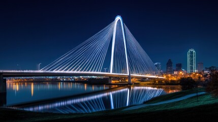 Fototapeta premium Cable Bridge Night Lights - Bridge with illuminated cables at night, creating a striking view of lines and light in an urban setting.