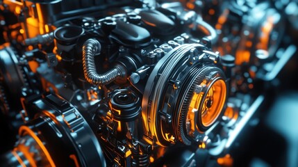 Fototapeta premium Car Engine - High-resolution image of a powerful car engine with intricate details and parts on a clean background, capturing the complexity and performance of modern automotive engineering.
