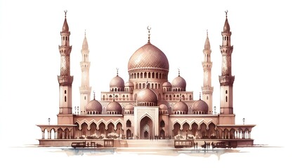 Obraz premium Majestic Watercolor Illustration of a Grand Mosque. generator AI