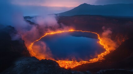 Fototapeta premium Crater lake with fire and sulfur, an alien landscape with glowing lava rivers and scorched ground under an eerie sky.