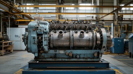 Fototapeta premium Diesel Engine - Massive diesel engine in a mechanical workshop, with distinct metallic parts and industrial aesthetics, emphasizing durability and power.