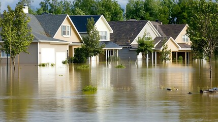 Obraz premium Close-up of a flooded neighborhood street in Laurel Meadows, Sarasota, showing houses partially submerged in murky water; trees and lawns are inundated, capturing the devastation and resilience