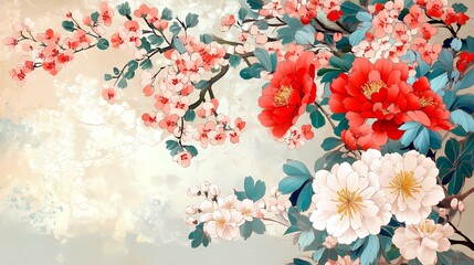 A vibrant composition of blooming flowers featuring red and white blossoms against a soft background, evoking a serene and artistic atmosphere.