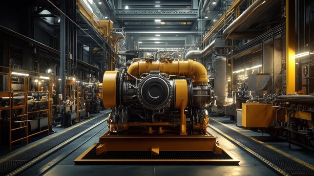 Diesel Engine - Massive diesel engine in a mechanical workshop, with distinct metallic parts and industrial aesthetics, emphasizing durability and power.