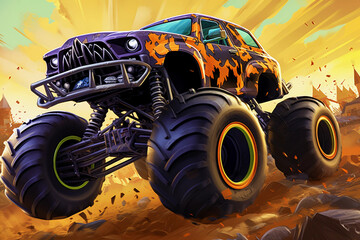 Illustrations of Milo's Monster Truck Rally with Animated Monster Trucks Performing Stunts in a Vibrant Arena – Generative AI