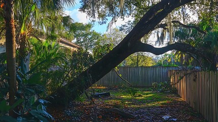 Wide view of a damaged backyard in Florida featuring a large fallen tree leaning over a fence after a recent hurricane, surrounded by leaves, branches, and storm remnants