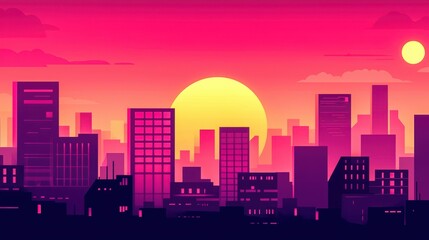 Fototapeta premium Colorful city skyline at sunset with vibrant pink and orange hues.