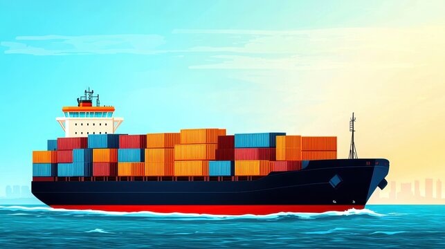 Colorful cargo ship in the ocean, loaded with containers, Global e-commerce platform with shipping calculators and real-time international delivery tracking