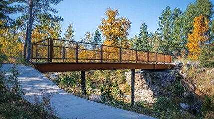 Fototapeta premium Elevated Bridge Pathway - Elevated pedestrian bridge with a scenic view, blending functionality with accessibility in an urban park.