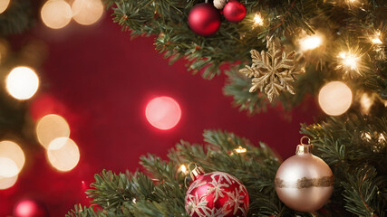 Fototapeta premium Close-Up of Decorated Christmas Tree: Celebrating the Magic of Christmas with a Festive Backdrop. Beautiful Macro photography shows many pendants, branches and leaves and ornaments. Generative AI