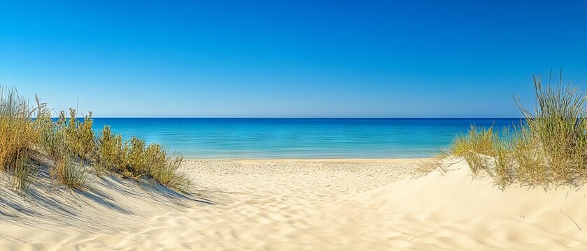 Panoramic view of sandy beach under clear blue skies with ample copy space in banner format
