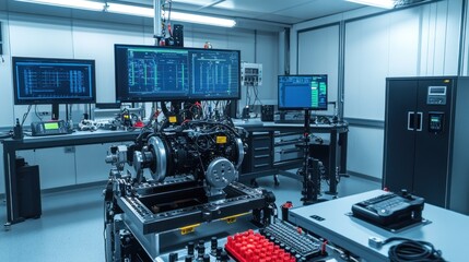Engine Performance Testing - Image of a test lab with an engine on a performance testing rig, various monitoring equipment around, showcasing automotive research and innovation.