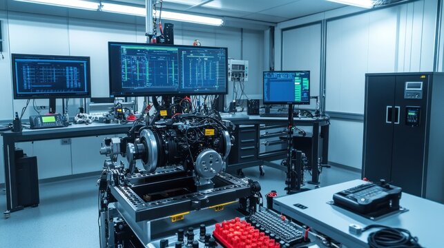 Engine Performance Testing - Image of a test lab with an engine on a performance testing rig, various monitoring equipment around, showcasing automotive research and innovation.