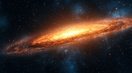 A breathtaking view of a spiral galaxy illuminated by vibrant orange and gold hues, set against the backdrop of deep space.