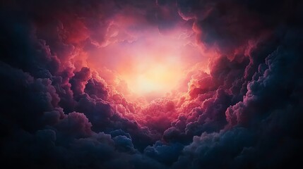 Naklejka premium A stunning view of swirling clouds illuminated by a radiant light at the horizon, evoking feelings of wonder and tranquility.