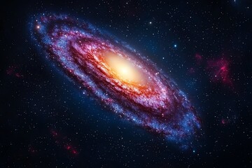 Naklejka premium A stunning spiral galaxy illuminated by a bright core, showcasing vibrant colors and cosmic beauty in the vastness of space.
