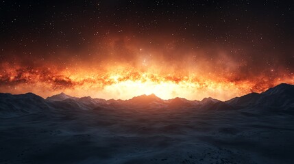 Breathtaking cosmic landscape featuring a brilliant orange horizon against a starry night sky with distant mountains.