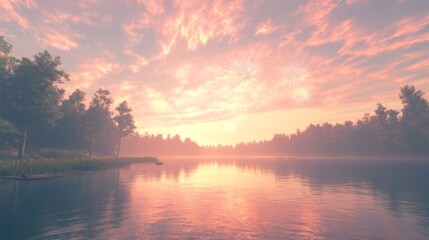 Obraz premium Serene Lake Reflection with Vibrant Colors at Sunset