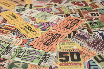 Naklejka premium vintage tickets from around the world, theater, movie, concerts, transport, boarding passes, hotel reception cards and other documents