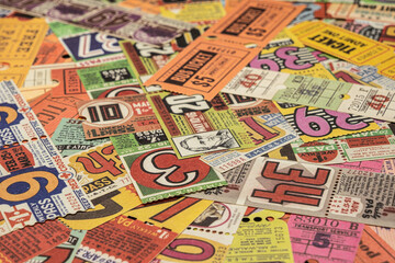 Obraz premium vintage tickets from around the world, theater, movie, concerts, transport, boarding passes, hotel reception cards and other documents