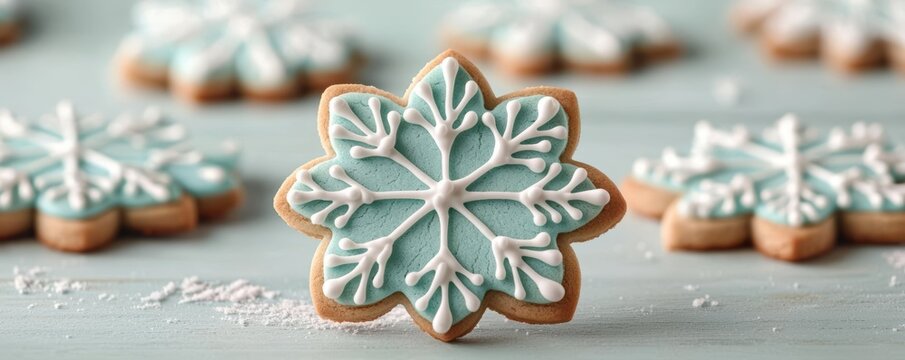 Snowflake Christmas cookies being decorated with precise icing, soft white and blue tones, winter scene Christmas cookies, decorating snowflake charm