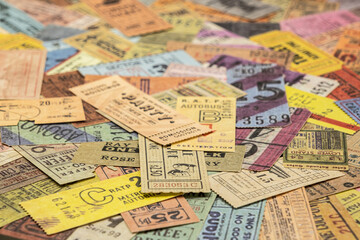 Naklejka premium vintage tickets from around the world, theater, movie, concerts, transport, boarding passes, hotel reception cards and other documents