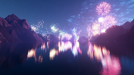 Fototapeta premium Serene Midnight Lake with Colorful Lighting Bursts