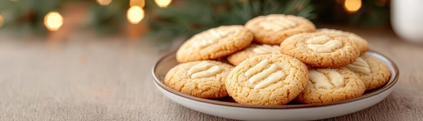 Homemade Christmas cookies on a wooden table, ingredients scattered, rustic style, glowing Christmas tree in background Christmas cookies, baking homemade feel