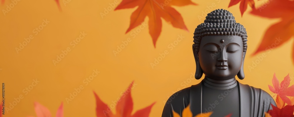 Wall mural kamakura s great buddha statue surrounded by autumn trees, with colorful leaves falling gently in th