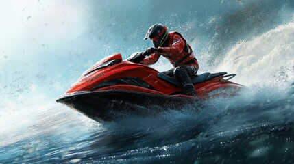 Jet Ski Action - Exciting view of a jet ski in action, with splashing water and high-speed movement against a scenic backdrop.