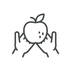 Apple in Hands Icon. Simple Line Illustration of Two Hands Holding an Apple, Representing Organic Farming and Healthy Eating Habits.
